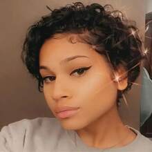 Chic Short Pixie Cut Curly Wave Wig For Women 13x4x1 T-Part Lace Front, Remy Human Hair, Natural Black, Versatile Hairstyle | Voluminous Short Wig | Stylish Wig Design For Daily Wear & Cosplay & Parties & Music Festival & Christmas Party Wig - Natural Black - 查看 4