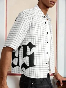 男士宽松字母格纹印花短袖梭织白衬衫，街头潮流必备单品 - 白色 - 查看 4
