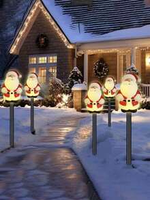 Santa Claus Path Lights, Set Of 5, Plastic LED Garden Stakes, And IP65 Waterproof, Battery Pack, Button Control, Semi Embedded Installation, With Non Removable Lighting Fixtures, Outdoor Christmas Aisle Decoration.