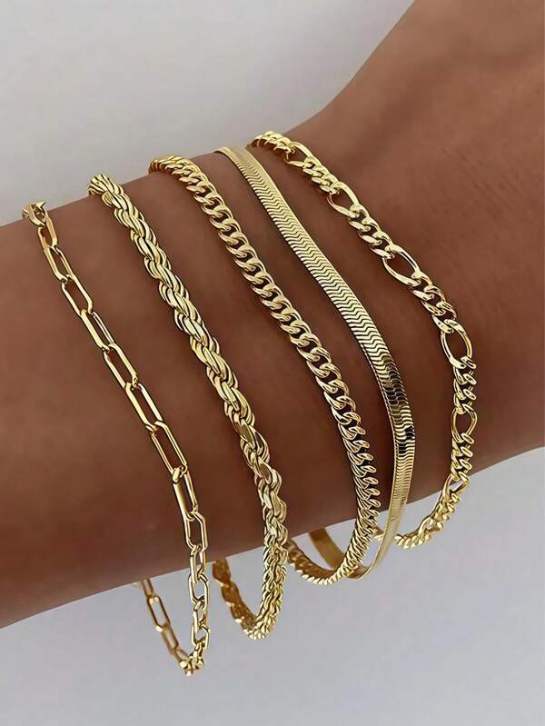 5pcs Set Of Chic Golden-Toned Bracelets For Women - Multi-Layered With Thin & Twisted Chains, Alloy Construction, Perfect For Everyday & Party Wear, Minimalist Fashion Accessory