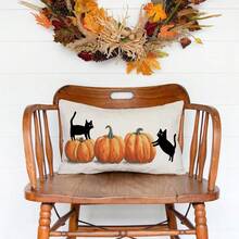 1 pièce Taie d'oreiller d'Halloween 12x20 pouces Décoration de citrouille, chat noir Coussin de taille décoratif d'automne pour canapé, lit Décoration de ferme d'automne Côté unique sans rembourrage - Orange - Voir 4