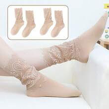 1 par de calcetines hasta la mitad de la pantorrilla de unicolor con bordado de flores y diseño calado para mujer - Negro - Ver 13