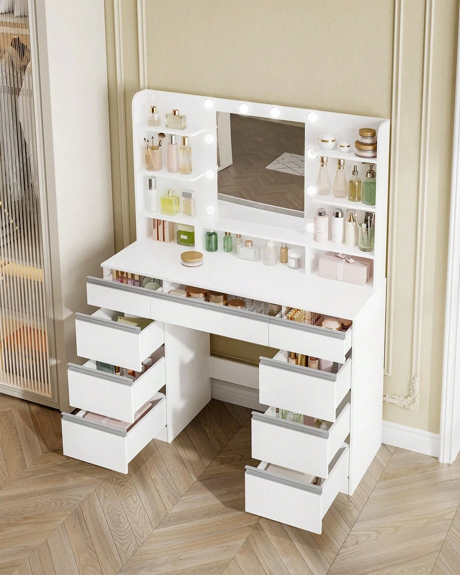 HEXCELEN Large Dressing Table With LED Lighting, 10 LED Light Balls, 3 Colors, Adjustable Brightness, Dressing Table With Mirror, 9 Drawers, 9 Open Shelves, Modern Style, White-Silver - White - View 1