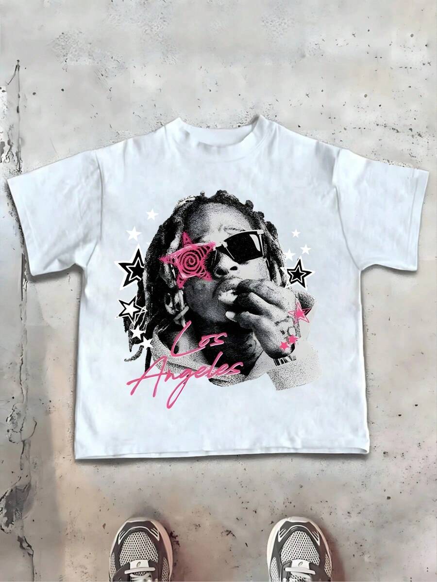 Rapper And Los Angeles Graphic,  Style T-Shirt, 220 Grams Of Heavyweight Cotton, Summer And Fall,Unisex Comfortable Casual T - Shirt - 白色 - 查看 1
