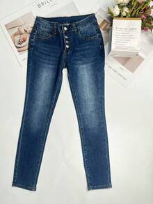 女士休闲修身低腰口袋纽扣牛仔七分裤，适合通勤和日常穿着，秋季 - 深色水洗藍 - 查看 8