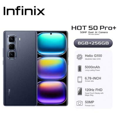  Infinix HOT 50 Pro+ 智能手机 8GB+256GB RAM+ROM 联发科 Helio G100 6.78 英寸 FHD+ 3D 曲面 120Hz AMOLED 显示屏 50MP 主摄像头 5000mAh 长效电池 + 33W 快速充电