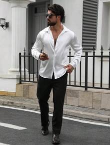Mens Silk Satin Shirts Long Sleeve Button Down Loose Fit Dress Shirt Luxury Party Prom Wedding Shirtshalloween - 白色 - 查看 4