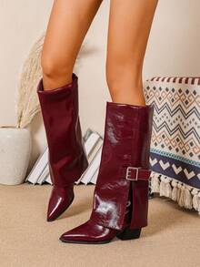 Women's High Heel Boots, Pointed Toe Chunky Heel Wedge Cowgirl Style Thigh High Boots, Retro Knee-High Boots, Fashion Western Boots - Burgundy - View 5