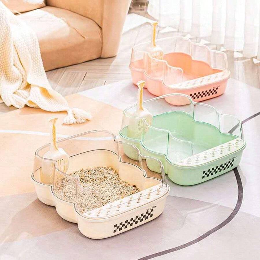 Arenero Grande Semiabierto para Gatos Diseño Antisalpicaduras con Pala Incluida, Fácil Limpieza, Resistente y Ligero, Dimensiones 41cm Ideal para Mascotas - Verde - Ver 1