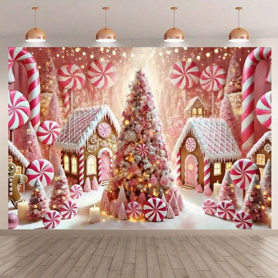1 pièce Bannière de fond de conte de fées de Noël rose, sans alimentation électrique nécessaire, parfait pour le salon, la chambre à coucher, le bureau et la décoration extérieure, convient pour les fêtes et les cadeaux de vacances, les décorations de Noël, le village enneigé et les arbres en forme de cannes en bonbon, les ornements de Noël