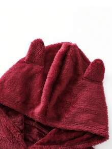 1pc Solid Color Fleece Asymmetrical Hooded Sweatshirt, Casual Everyday Wear For Winter - Burgundy - View 3
