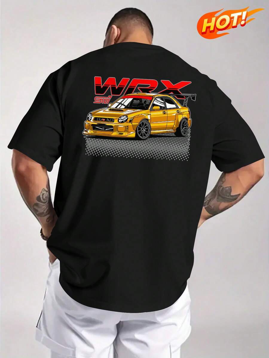 [Summer WRX T-Shirt] Men's Summer WRX Yellow Car Graphic T-Shirt | Casual Crew Neck Short Sleeve Tee With WRX Print & Rear Wing Design, Stretchy Polyester Blend For Comfort & Style - 黑色 - 查看 1
