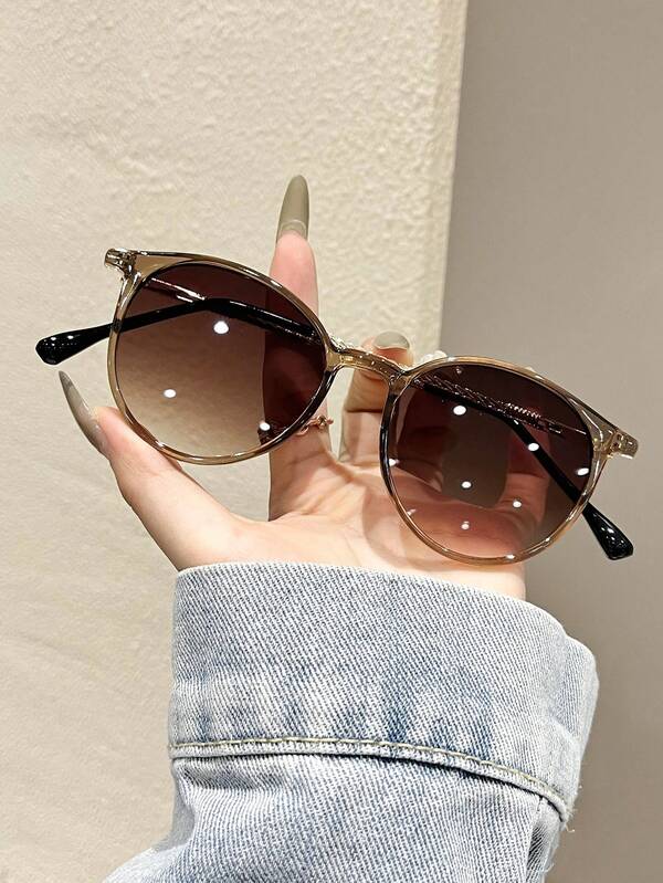 1 Pair Plastic & Metal Round Frame Gradient Lens Modern Minimalist Style Women's Fashion , Suitable For Driving, Street Photography, Vacation Outfits, Family Outings In Summer, Essential Summer Accessory, Fits All Face Shapes