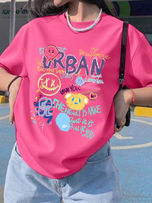 Teen Girls Graffiti Urban Print, Short Sleeve Soft Tee, Street Casual Wear Summer, Girls Tops