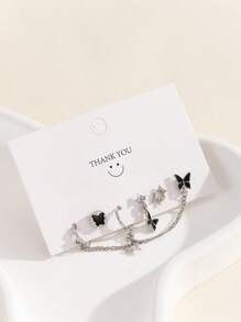 6 أزواج أقراط معدنية سوداء بتصميم نجمي وحلق أذن زركونيا، إكسسوارات حفلة عصرية للمرأة