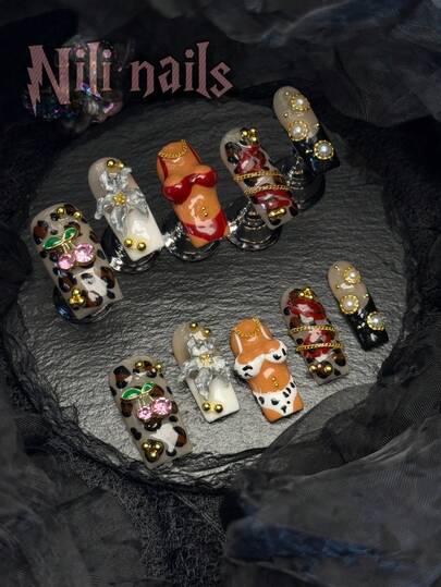 10pcs Leopard Nails Handmade Press On Nails Square Brown&Red&Black White French Tip 3D Carving Bikini Press On Nails Tie Dye Acrylic Press On Nails Set Y2k Nails Suitable For Holidays Use Full Cover Acrylic Press On Nails Kit Black French Tip Nails Hand Drawn Leopard Print&Lip Pearl Decoration For Girls And Women, Suitable For Autumn And Winter With 1pc Mini Nail File&1 Sheet Adhesive Nail Supplies