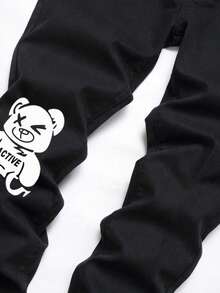 Teen Boy Casual Street Slogan Cartoon Bear Print Skinny Jeans - Black - View 3