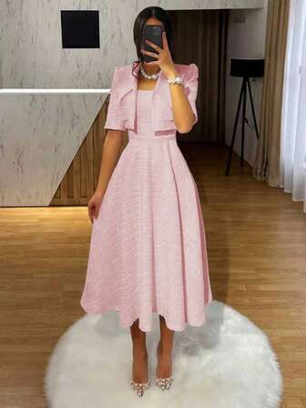 2pcs/Set Elegant French Vintage Coin Print Slip Dress + Short Sleeve Jacket Top, Flattering Two Pieces Set