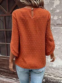 Women's Cute Round Neck Cutout Polka Dot Fashionable 3/4 Sleeve Chiffon Blouse, Suitable For Commuting, Travel, Vacation, Date, Party, Daily Wear, Comfortable, Solid Color, Versatile Top T-Shirt