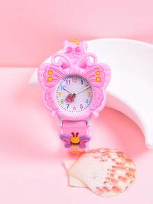 3D立体柔软硅胶表带石英表，带旋转秒针和蝴蝶图案，创意礼物，适合女孩佩戴 - 粉色 - 查看 8