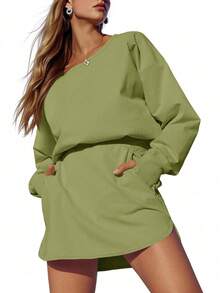 Women Long Sleeve Active Dress Backless Keyhole Workout Dress With Built In Shorts Oversized Athletic Skort Dress Tennis Core Aesthetic Gym To Street Fashion Tummy Control 2024 Sporty Dresses - 軍綠色 - 查看 1