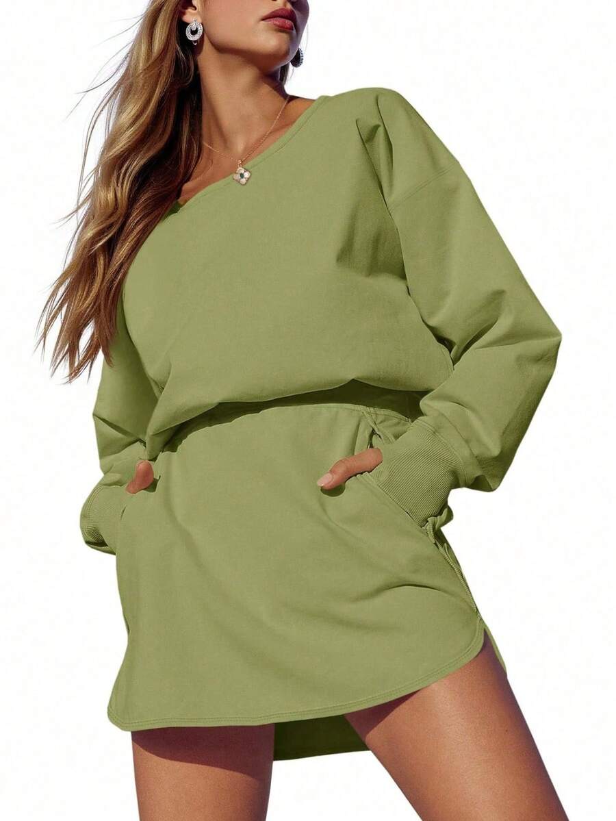 Women Long Sleeve Active Dress Backless Keyhole Workout Dress With Built In Shorts Oversized Athletic Skort Dress Tennis Core Aesthetic Gym To Street Fashion Tummy Control 2024 Sporty Dresses - 軍綠色 - 查看 1