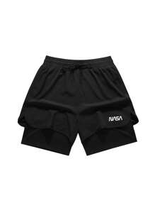 Men's Lightweight Quick-Dry Printed Letter Drawstring Casual Shorts, Suitable For Sports, Daily, Vacation - Black - View 2