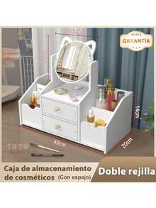 Caja de almacenamiento de cosméticos blanca de 1 pieza, Caja de almacenamiento de cosméticos de dos capas, caja de almacenamiento de joyas, estante para el cuidado de la piel, tocador, caja de exhibición de cosméticos, tocador con espejo y cajón con forma de oreja de gato, espejo de maquillaje, puede almacenar productos para el cuidado de la piel, cosméticos, joyas, cuidado de uñas, lápiz labial, etc., adecuado para tocadores, vestidores y dormitorios - Blanco - Ver 9