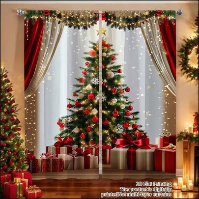2 件欧式圣诞窗帘，简约奢华 - 红色和金色雪花图案，100% 透明涤纶，适用于客厅和卧室，可机洗，不含窗帘杆，圣诞装饰