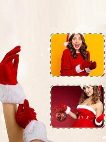 2PCS Festive Christmas Party Etiquette Gloves, Red And White Velvet Faux Fur Mouth Warm Gloves, Perfect For Weddings, Valentine's Day, And Winter Celebrations, Christmas Gloves, Christmas, Party