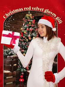2PCS Festive Christmas Party Etiquette Gloves, Red And White Velvet Faux Fur Mouth Warm Gloves, Perfect For Weddings, Valentine's Day, And Winter Celebrations, Christmas Gloves, Christmas, Party