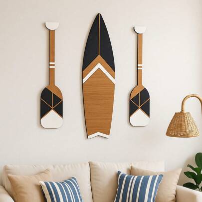 Wood's House Conjunto Decorativo Náutico MDF 6mm Amadeirado com Relevo Preto Prancha 60 cm e 2 Remos 50 cm