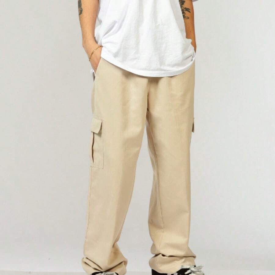 Calça Cargo Bege larga masculina estilo baggy hiphop streetwear - Bege - Visão 1