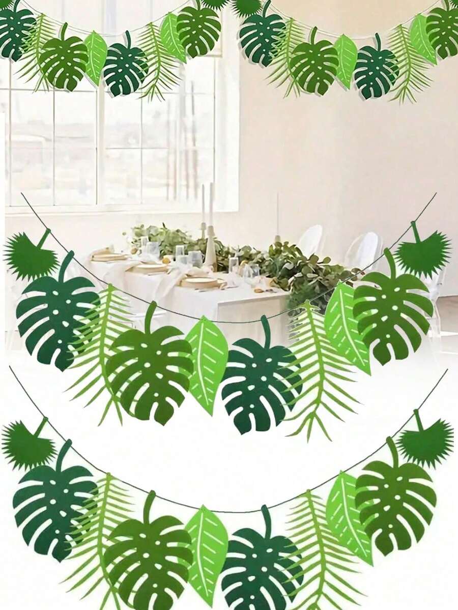 1 Set Tropical Felt Leaf Garland - Hawaiian Party Summer Fun Birthday Party Backdrop, Party Decoration Bunting, Dinosaur & Forest Theme, No Electricity/Battery Needed Zoo Animal Hanging Decor