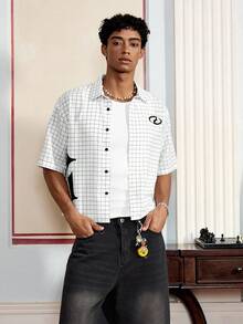 男士宽松字母格纹印花短袖梭织白衬衫，街头潮流必备单品 - 白色 - 查看 5
