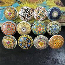 6/12pcs Bohemian Style Round Ceramic Drawer Pulls, With Screws, Colorful Hand-Painted Floral And Geometric Patterns, Suitable For Modern And Vintage Cabinets, Kitchen Cabinet Handles - Random Color - View 17