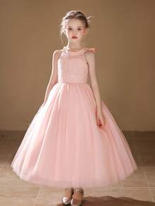 Girls' Long Tulle Skirt With Big Bow, Pink, Suitable For Wedding, Party - Pink - View 3