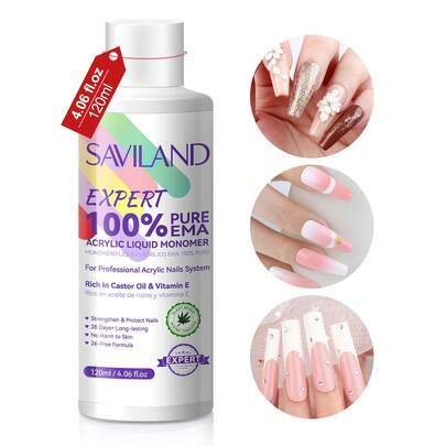SAVILAND Pure EMA Acrylic Liquid: 120 Ml Acrylic Monomer Liquid Low Odor Acrylic Liquid Nail With Castor Oil Vitamin E Liquid Monomer For Acrylic Nails Non Yellowing DIY Home