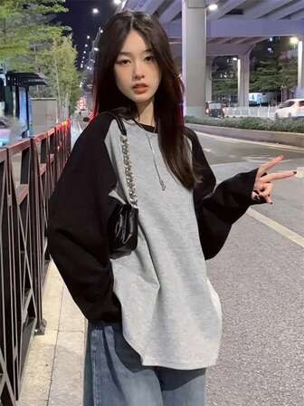 Women's Cotton Contrast Color Raglan Sleeve All-Match Layering Long Sleeve Loose Casual Everyday Commute Ribbed Neutral Top T-Shirt