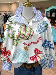 Women's Fashionable Christmas Themed Printed Shirt Features A Unique Striped Ruffled Collar, Bubble Sleeves, And Cute Holiday Decoration Patterns. Perfect For Adding Festive Charm To Your Wardrobe, Suitable For Christmas Gatherings, And Also A Fashionable Choice Outside Of Holidays. A Must-Have Fashion Item For Women. Lightweight Shirt, Suitable For Holiday Gifts And Winter Wear, 100% Polyester Fiber - 花色 - 查看 4