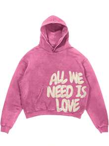 Y2k Pink Cute Hoodies St Pattys Day Outfit - Loose Fit Queen Hoodie, Fall Clothes Fashion Sports Style Tops, Vacation Outfits For Women, Casual Simple Long-Sleeve Top, Retro Elegant Commuter Versatile Hoodie, Cozy Valentine'S Day Couple Outfit With "All We Need Is Love" Letter Print. - 玫紅色 - 查看 1