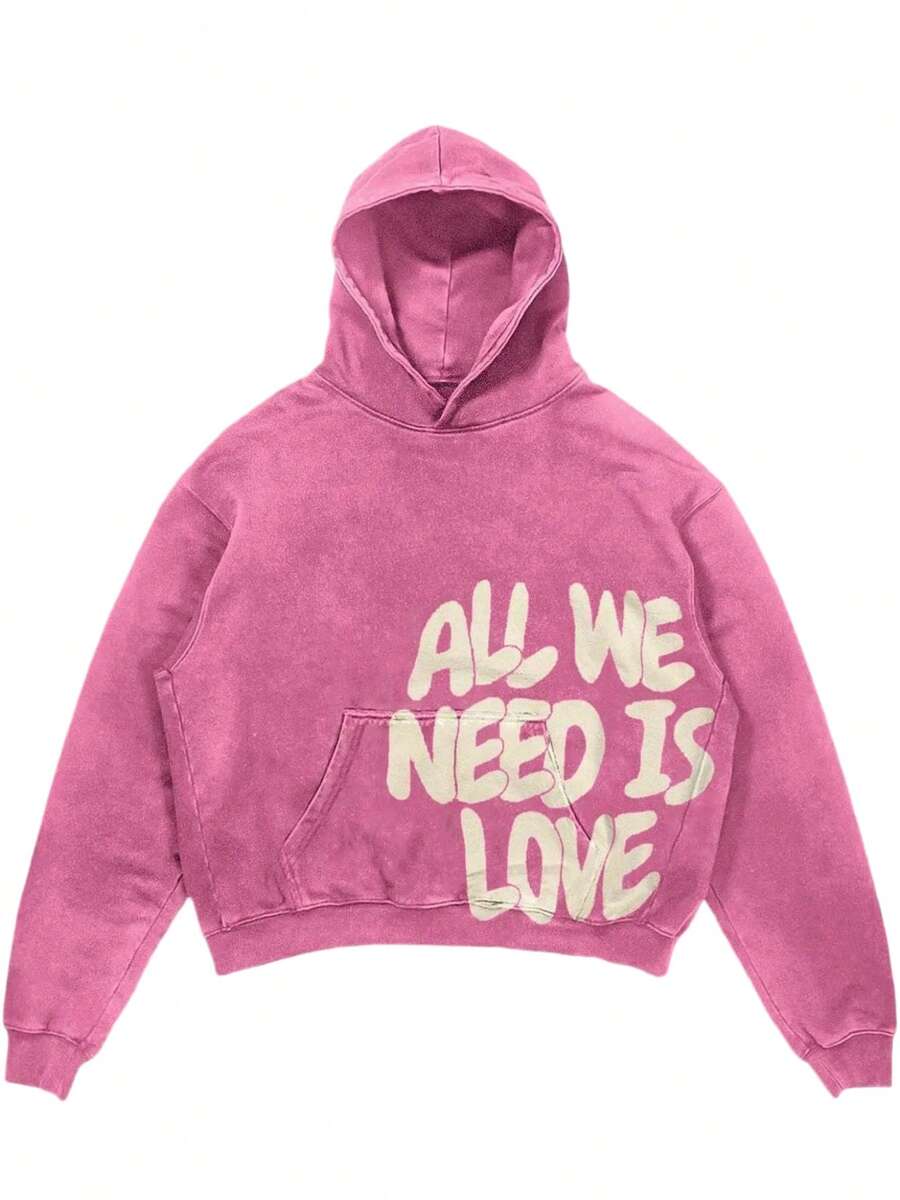 Y2k Pink Cute Hoodies St Pattys Day Outfit - Loose Fit Queen Hoodie, Fall Clothes Fashion Sports Style Tops, Vacation Outfits For Women, Casual Simple Long-Sleeve Top, Retro Elegant Commuter Versatile Hoodie, Cozy Valentine'S Day Couple Outfit With "All We Need Is Love" Letter Print. - 玫紅色 - 查看 1