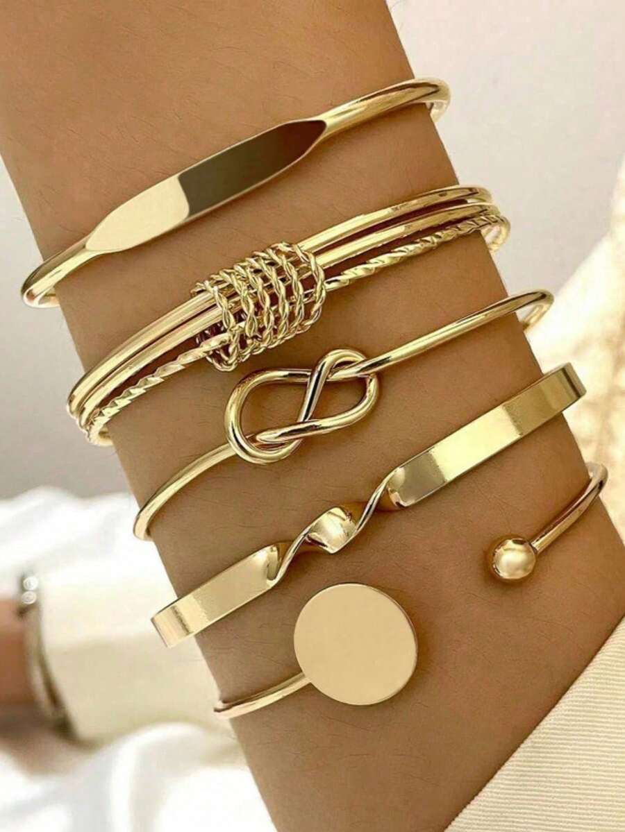 5pcs/Set Vintage Exaggerated Wide Cuff Bracelet Set, Gold Smooth Asymmetrical Bangle And Bracelets, Suitable Gift For Girlfriends And Friends.Perfect Gift For Birthdays, Holiday Gifts, And Parties. Suitable For Daily Wear And Holiday Celebrations, Suitable For All Seasons, And Is An Ideal Choice For Holiday Accessories. - Gold - View 1