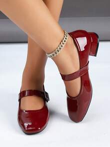 1 Par de Sapatos Boneca Marrom Vinho e Preto Clássicos de Couro Envernizado Femininos, Estilo Retrô Elegante Francês, Bico Quadrado Salto Grosso de 3cm, Elegante e Versátil para Trabalho e Transporte