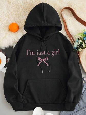 Women's Bow Pattern And Letter Print Casual Drawstring Hoodie, Drawstring Hoodie, Women's Clothing