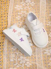 1双儿童男女通用多功能魔术贴休闲白色运动鞋，舒适透气卡通刺绣平底学生鞋，时尚校园风运动鞋 - 白色 - 查看 4