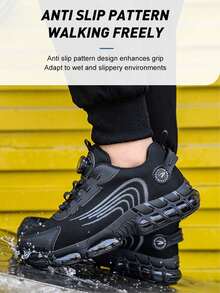 轻便钢头安全鞋，男士工作运动鞋，旋转纽扣设计，方便穿脱，透气工作安全靴，男靴，工作安全鞋，男士安全靴，防砸钢头工作鞋，男士工作靴，防刺穿安全运动鞋，男士工作鞋，舒适工作鞋，男士工作鞋，女鞋，女士安全鞋，男士钢头鞋，女士钢头鞋，男士钢头靴，户外徒步工作靴，EVA鞋底 - 黑色 - 查看 6