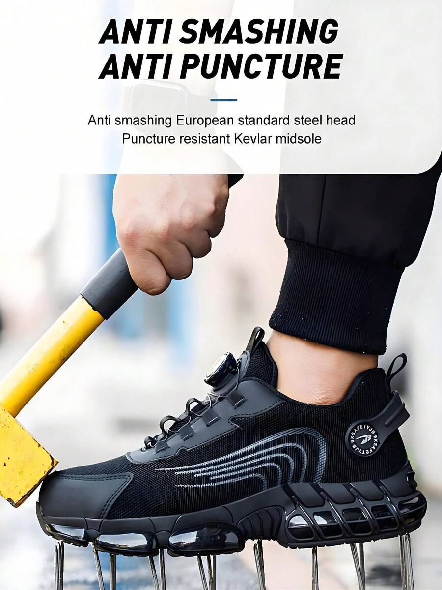 轻便钢头安全鞋，男士工作运动鞋，旋转纽扣设计，方便穿脱，透气工作安全靴，男靴，工作安全鞋，男士安全靴，防砸钢头工作鞋，男士工作靴，防刺穿安全运动鞋，男士工作鞋，舒适工作鞋，男士工作鞋，女鞋，女士安全鞋，男士钢头鞋，女士钢头鞋，男士钢头靴，户外徒步工作靴，EVA鞋底 - 黑色 - 查看 1