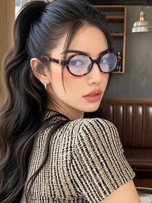 1pc Women's Oval Small Frame Fashionable Street Style Plano Lenses Glasses