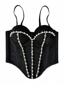 Women Rhinestone And Pearl Smooth Bustier Crop Top Corset Bra Party Concert Camisole